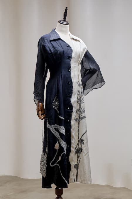 Buy_The Right Cut_White Chanderi Sequins, Beads, Embroidery Collared, V-neck Bicolor Maxi Dress _Online_at_Aza_Fashions