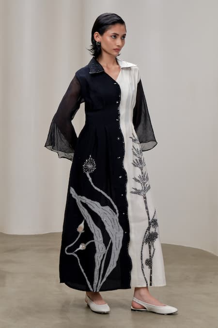 Shop_The Right Cut_White Chanderi Sequins, Beads, Embroidery Collared, V-neck Bicolor Maxi Dress _Online_at_Aza_Fashions