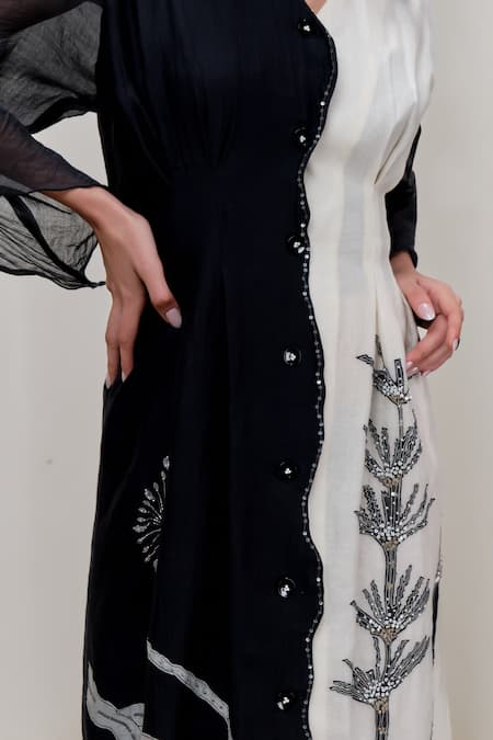 The Right Cut_White Chanderi Sequins, Beads, Embroidery Collared, V-neck Bicolor Maxi Dress _at_Aza_Fashions