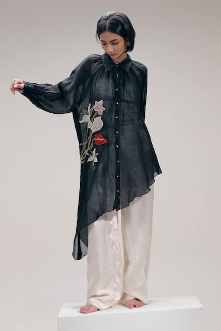 The Right Cut_Black Chanderi Embroidery, Metallic Thread Collared Floral Asymmetric Shirt _Online_at_Aza_Fashions