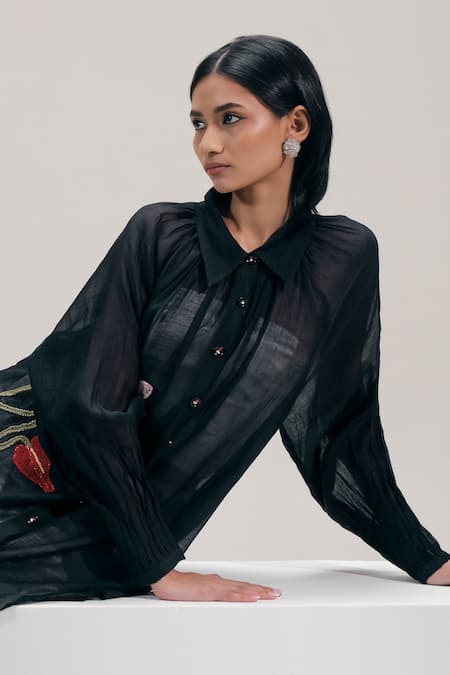 Buy_The Right Cut_Black Chanderi Embroidery, Metallic Thread Collared Floral Asymmetric Shirt _Online_at_Aza_Fashions