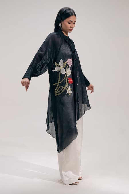 Shop_The Right Cut_Black Chanderi Embroidery, Metallic Thread Collared Floral Asymmetric Shirt _Online_at_Aza_Fashions