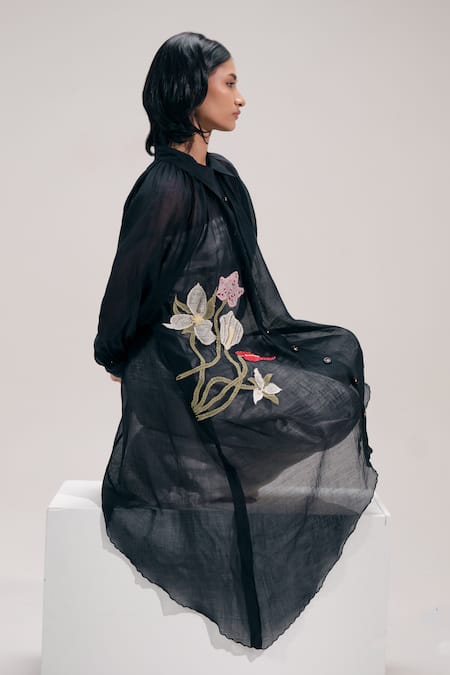 The Right Cut_Black Chanderi Embroidery, Metallic Thread Collared Floral Asymmetric Shirt _at_Aza_Fashions
