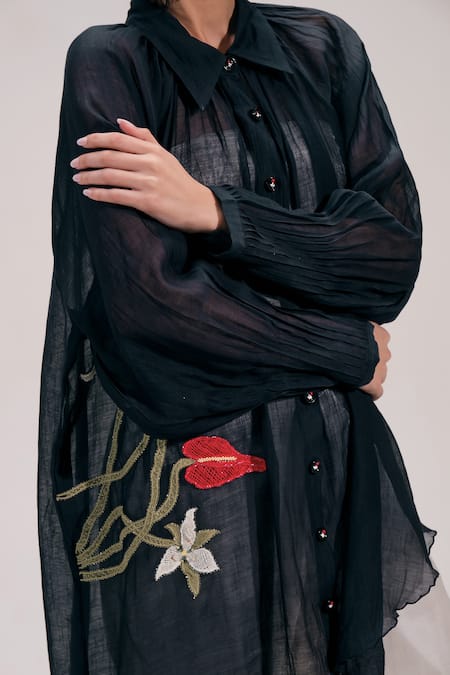 Shop_The Right Cut_Black Chanderi Embroidery, Metallic Thread Collared Floral Asymmetric Shirt 