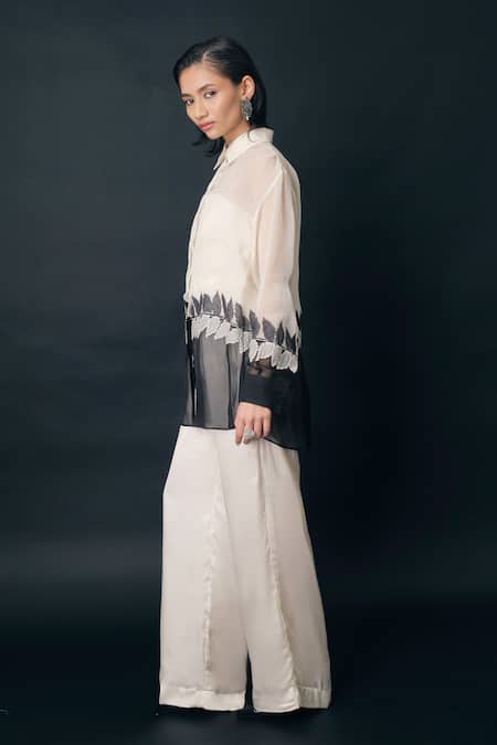 The Right Cut_White Viscose, Organza Embroidery, Sequins Collared Leafmerge Shirt _Online_at_Aza_Fashions