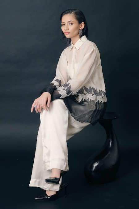 Buy_The Right Cut_White Viscose, Organza Embroidery, Sequins Collared Leafmerge Shirt _Online_at_Aza_Fashions