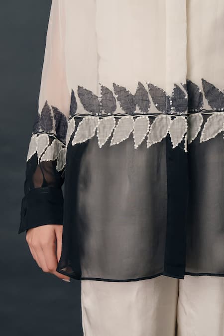 Shop_The Right Cut_White Viscose, Organza Embroidery, Sequins Collared Leafmerge Shirt _Online_at_Aza_Fashions