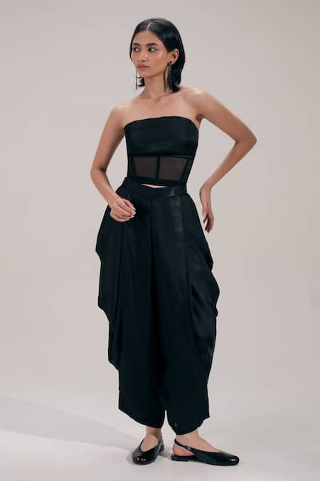 The Right Cut_Black Satin, Organza Bandeau Neck Midline Corset Style Strapless Crop Top _Online_at_Aza_Fashions