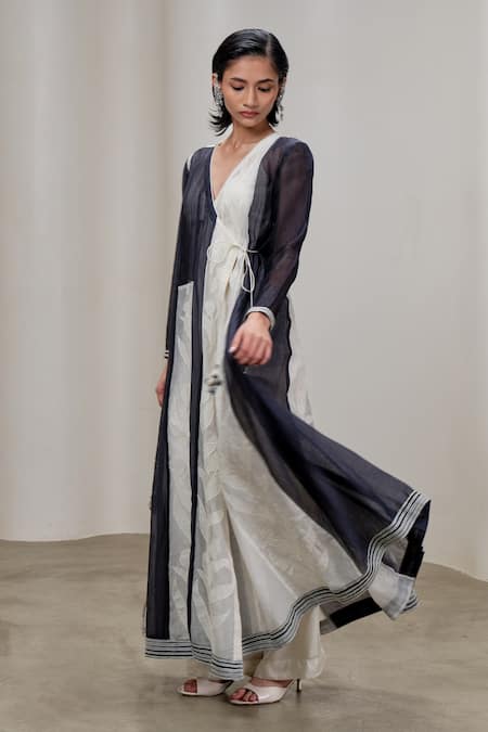 The Right Cut Chanderi Overlay Wrap Kurta With Leaf Pattern 