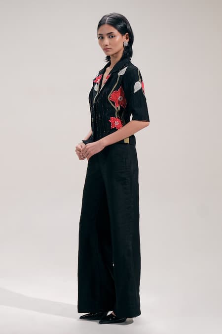 The Right Cut_Black Silk Embroidery, Sequins, Zari Collared, V-neck Floral Shirt _Online_at_Aza_Fashions