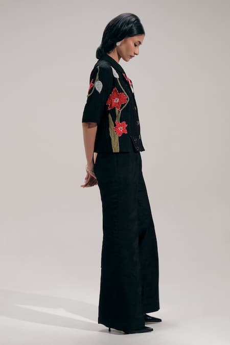 Buy_The Right Cut_Black Silk Embroidery, Sequins, Zari Collared, V-neck Floral Shirt _Online_at_Aza_Fashions