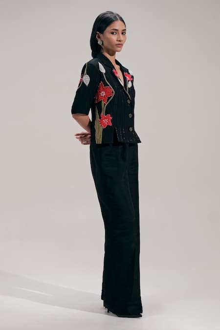 Shop_The Right Cut_Black Silk Embroidery, Sequins, Zari Collared, V-neck Floral Shirt _Online_at_Aza_Fashions