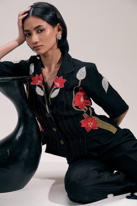 Buy_The Right Cut_Black Silk Embroidery, Sequins, Zari Collared, V-neck Floral Shirt 