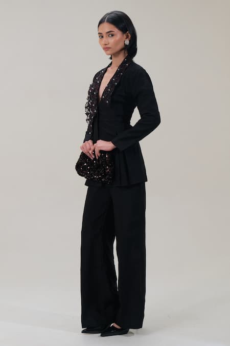 Buy_The Right Cut_Black Silk Sequins, Beads V-neck Embroidered Lapel Jacket _Online_at_Aza_Fashions