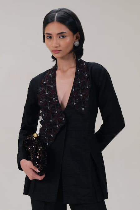 Shop_The Right Cut_Black Silk Sequins, Beads V-neck Embroidered Lapel Jacket _Online_at_Aza_Fashions
