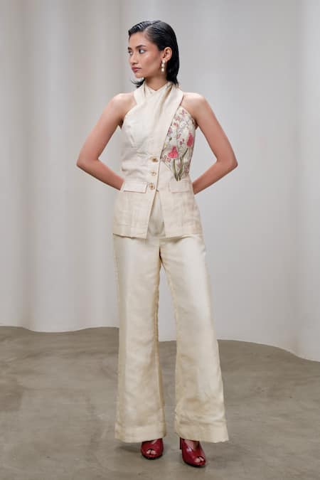 The Right Cut Cream Silk Embroidery, Beads Halter Neck Floral Top Online at Aza Fashions The Right Cut_Cream Silk Embroidery, Beads Halter Neck Floral Top _Online_at_Aza_Fashions