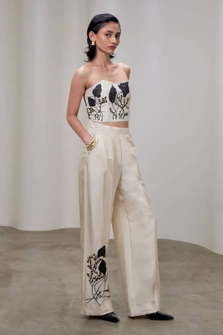 Buy_The Right Cut_Cream Silk Beads, Embroidery Off-shoulder Off Leaf Crop Top _Online_at_Aza_Fashions
