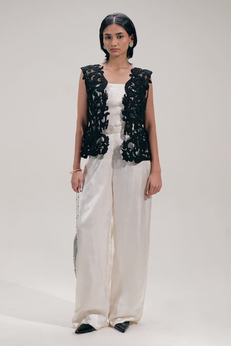 The Right Cut_Black Net Cut Work Open Neck Shadow Jacket _Online_at_Aza_Fashions