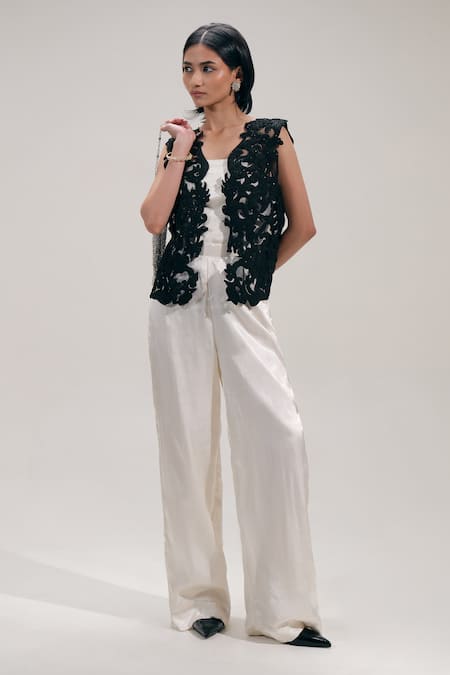 Buy_The Right Cut_Black Net Cut Work Open Neck Shadow Jacket _Online_at_Aza_Fashions