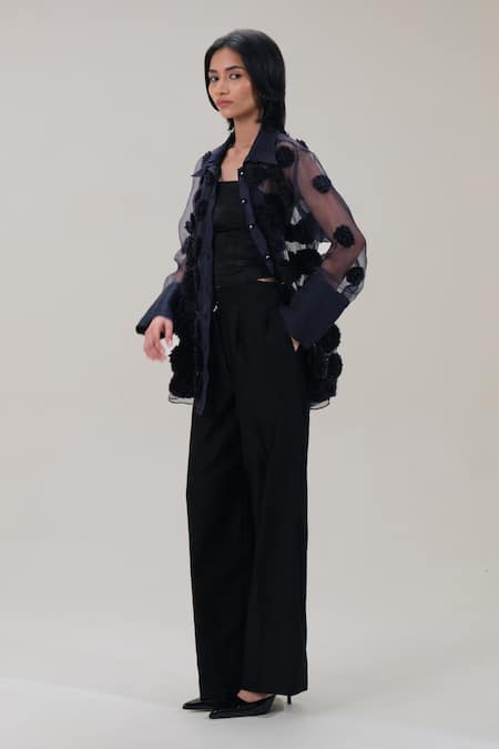 The Right Cut_Black Silk Organza Applique Collared Floral Shirt _Online_at_Aza_Fashions