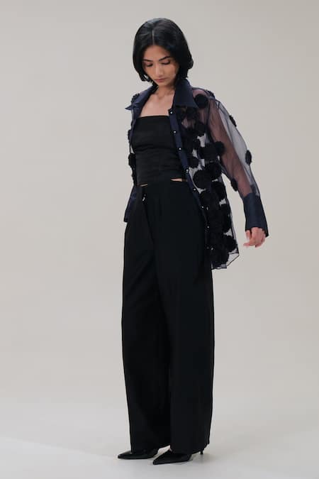 Buy_The Right Cut_Black Silk Organza Applique Collared Floral Shirt _Online_at_Aza_Fashions
