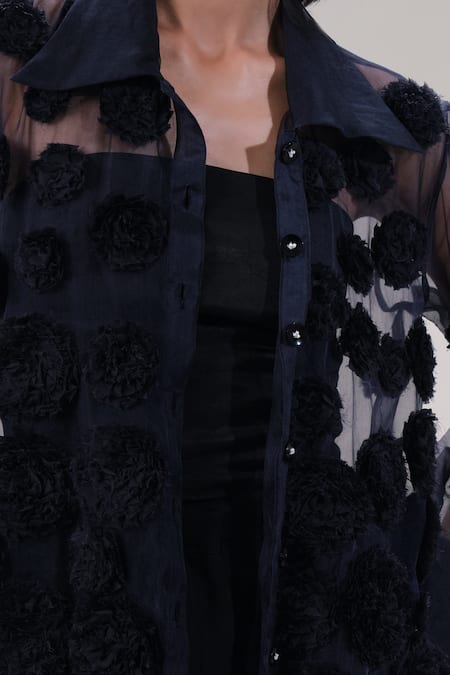 The Right Cut_Black Silk Organza Applique Collared Floral Shirt _at_Aza_Fashions
