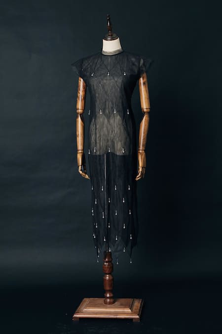 The Right Cut Net Midi Dress With Geometric Cutwork & Beads 