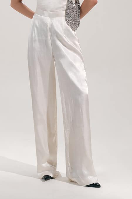The Right Cut_White Satin Wide Leg Trousers _Online_at_Aza_Fashions