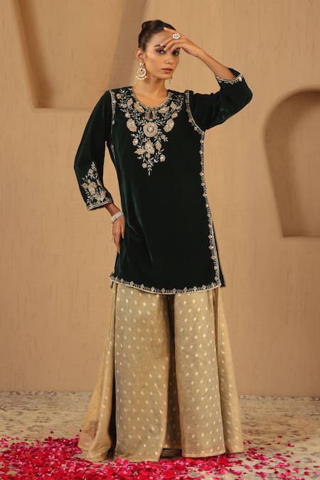 Nero India_Emerald Green Velvet, Tissue Zari, Embroidery Round Floral Kurta Sharara Set _at_Aza_Fashions