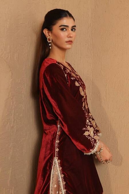 Shop_Nero India_Maroon Velvet, Tissue Zari, Applique, Embroidery Floral Kurta Sharara Set _Online_at_Aza_Fashions
