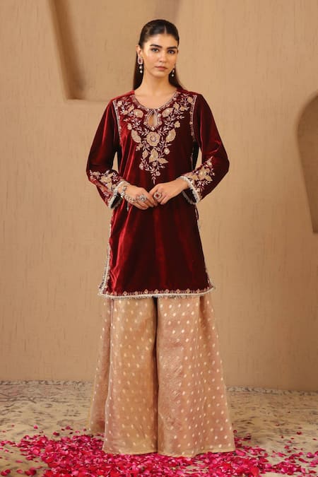Nero India_Maroon Velvet, Tissue Zari, Applique, Embroidery Floral Kurta Sharara Set _at_Aza_Fashions