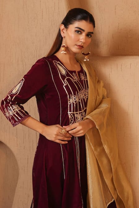 Nero India_Wine Velvet Gota Patti, Embroidery Split V-neck Work Yoke Anarkali And Pant Set _at_Aza_Fashions
