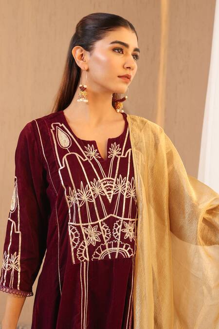 Shop_Nero India_Wine Velvet Gota Patti, Embroidery Split V-neck Work Yoke Anarkali And Pant Set 