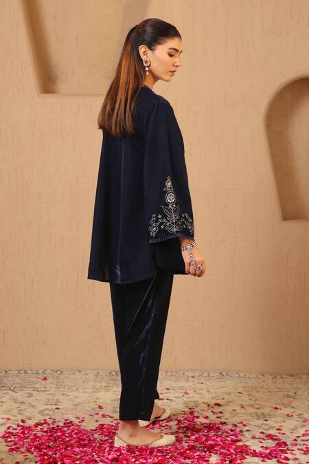 Shop_Nero India_Navy Velvet Zari, Beads, Lace Round Neck Work Tunic And Narrow Pant Set _Online_at_Aza_Fashions