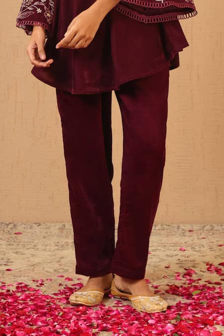 Buy_Nero India_Wine Velvet Zari, Beads, Lace V-neck Embroidered Scallop Tunic And Narrow Pants _Online_at_Aza_Fashions