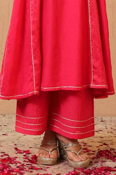 Buy_Nero India_Fuchsia Silk, Chanderi Embroidery, Zari, Beads Anarkali Kurta And Flared Pant Set _Online_at_Aza_Fashions