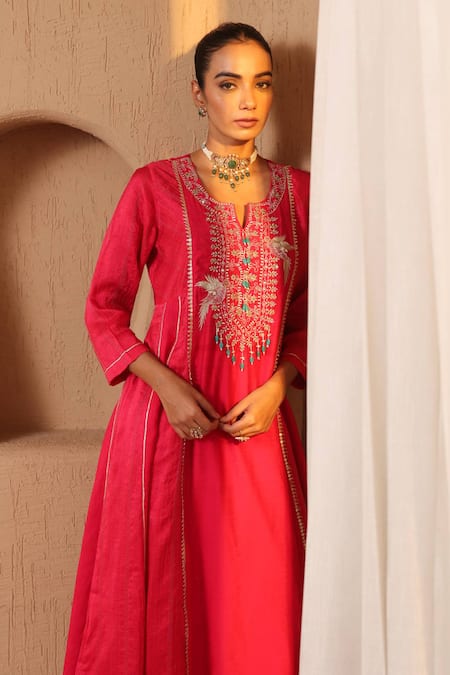 Shop_Nero India_Fuchsia Silk, Chanderi Embroidery, Zari, Beads Anarkali Kurta And Flared Pant Set _Online_at_Aza_Fashions