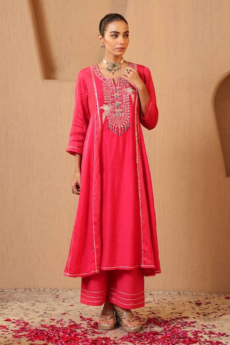 Nero India_Fuchsia Silk, Chanderi Embroidery, Zari, Beads Anarkali Kurta And Flared Pant Set _at_Aza_Fashions