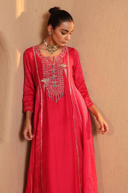 Buy_Nero India_Fuchsia Silk, Chanderi Embroidery, Zari, Beads Anarkali Kurta And Flared Pant Set 