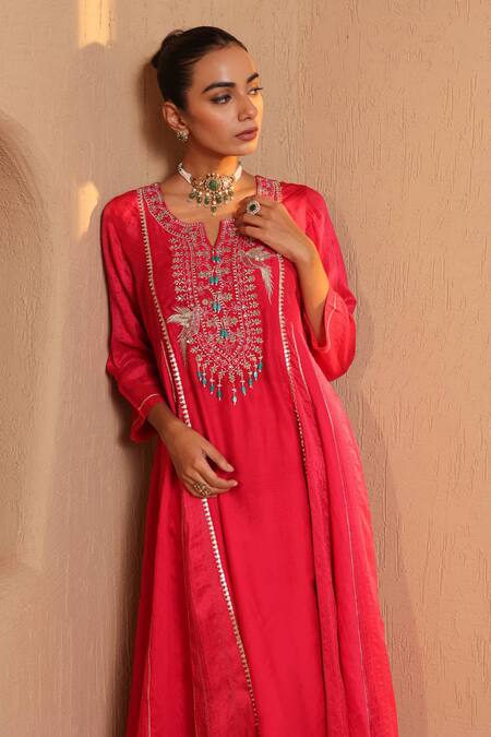 Shop_Nero India_Fuchsia Silk, Chanderi Embroidery, Zari, Beads Anarkali Kurta And Flared Pant Set 