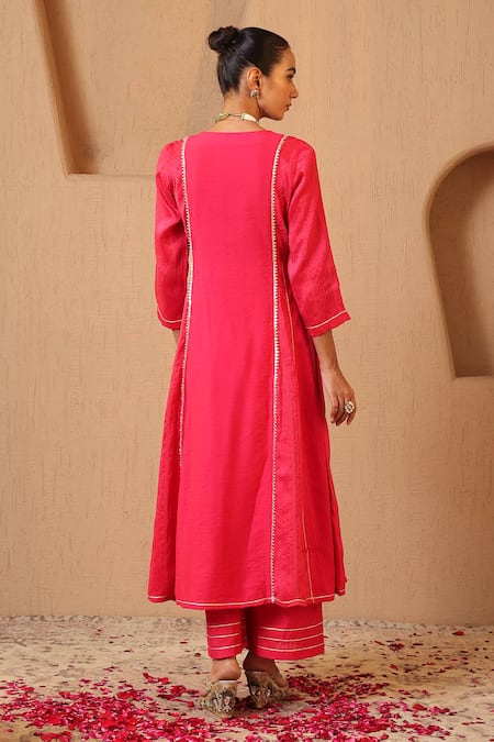 Nero India_Fuchsia Silk, Chanderi Embroidery, Zari, Beads Anarkali Kurta And Flared Pant Set _Online_at_Aza_Fashions
