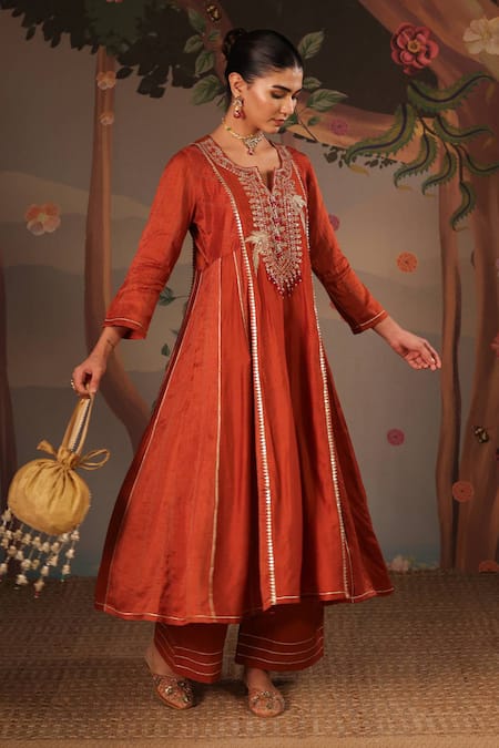 Shop_Nero India_Rust Silk, Chanderi Embroidery, Beads Split V-neck Anarkali Flared Pant Set _Online_at_Aza_Fashions