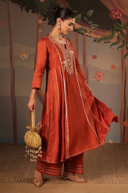 Nero India_Rust Silk, Chanderi Embroidery, Beads Split V-neck Anarkali Flared Pant Set _at_Aza_Fashions