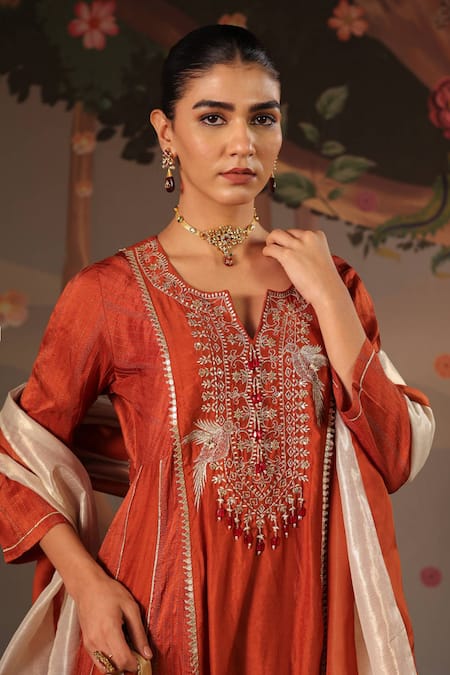 Buy_Nero India_Rust Silk, Chanderi Embroidery, Beads Split V-neck Anarkali Flared Pant Set 