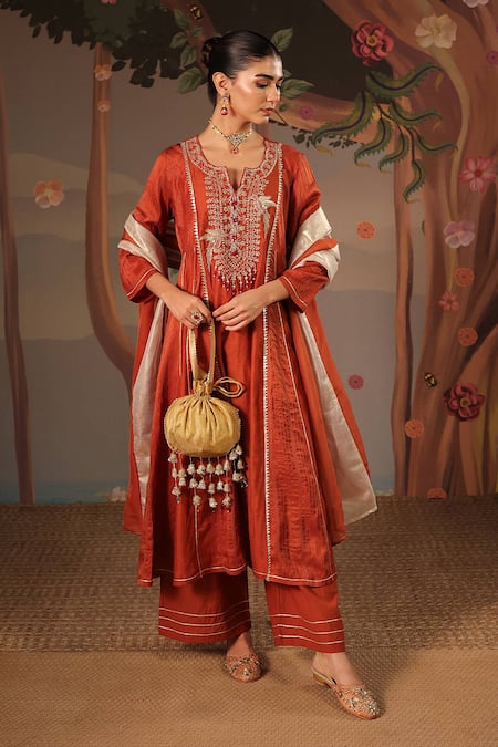 Nero India Silk Chanderi Embroidered Anarkali Flared Pant Set 