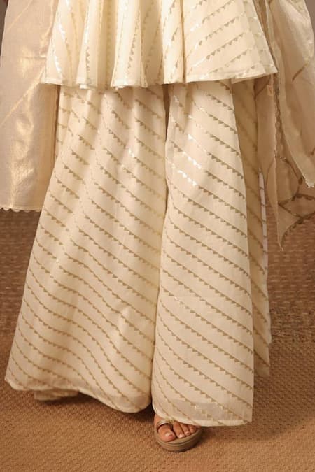 Buy_Nero India_Ivory Chanderi, Brocade Embroidery, Zari V-neck Gold Angrakha Sharara Set _Online_at_Aza_Fashions