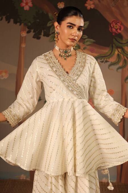 Shop_Nero India_Ivory Chanderi, Brocade Embroidery, Zari V-neck Gold Angrakha Sharara Set _Online_at_Aza_Fashions