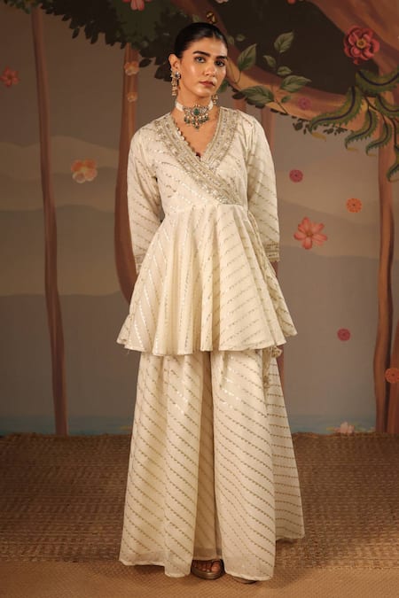 Nero India_Ivory Chanderi, Brocade Embroidery, Zari V-neck Gold Angrakha Sharara Set _at_Aza_Fashions