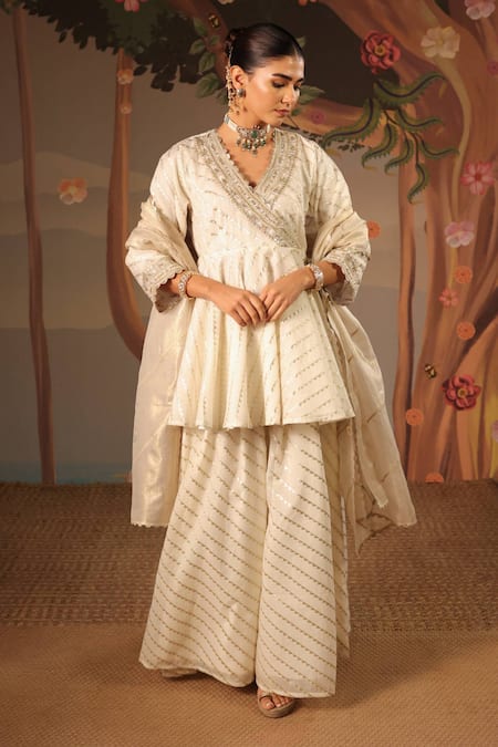 Nero India Gold Embroidered Brocade Angrakha Sharara Set 