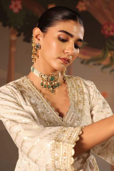Shop_Nero India_Ivory Chanderi, Brocade Embroidery, Zari V-neck Gold Angrakha Sharara Set 